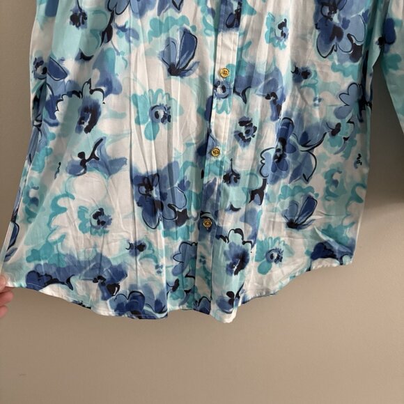 Chaps At the Seashore Womn L White/Blue Floral 3/4 Sleeve Gold Button Blouse NWT - Picture 2 of 11